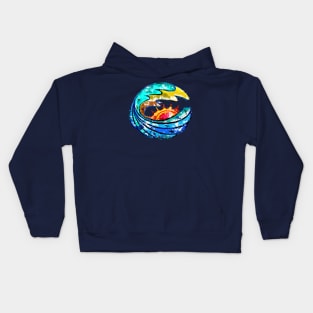 Island Expression with Big Surf Waves Morning Sun Retro Illustration Kids Hoodie